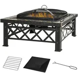 Outsunny 3-in-1 Feuerschale Feuerkorb Feuerstelle mit Funkenschutz Grillrost Eiskübel Garten BBQ Schwarz 76cm x 76cm x 47cm