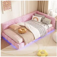 Flieks Polsterbett, LED Einzelbett Daybett Tagesbett Samt 90x200cm mit USB-Anschluss rosa 102 cm x 215 cm x 65 cm