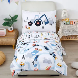 PERFEMET Kleinkind-Bettwäsche, 4-teiliges Bett in Einer Tasche für Jungen, Autos, Bedruckte Mikrofaser, Kleinkind-Bettwäsche-Sets mit Standard-Kissenbezug, Moderne Schlafzimmer-Kollektion, Weiß