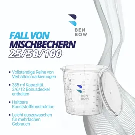 Benbow Profi-Messbecher 100x 385ml mit 12x Deckel mit vielfältiger Skalierung - Becher mit Skala Mischbecher Lackmischbecher Meßbecher Lackbecher Einwegmischbecher