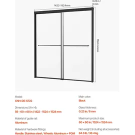 Vevor Badewannen Duschtür (1422-1524 x 1524 mm/B x H) halbrahmenlose Schiebetür für die Badewanne, halbrahmenlose Bypass-Wannentür mit 1/4 Zoll bruchsicherem gehärtetem Glas und Edelstahlgriff