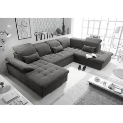Wohnlandschaft ED EXCITING DESIGN "Wayne U-Form mit Bettfunktion, Bettkasten", grau (stone, uran 09 stone), B:340cm H:104cm T:240cm, 95% Polyester, 5% Nylon, Sofas, Arm- und Kopfteilverstellung & 3 Nierenkissen
