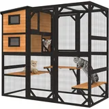 Holz-Katzenhaus für den Außen- und Innenbereich, Großes Katzengehege, Verbesserte Version, Catio-Käfig mit Verstärktem Holzstreifen, Wasserdichtem Dach, 198cm x 98cm x 176cm, Schwarz