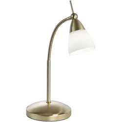 LED-Tischleuchte, messing-matt, Flexarm, blendfrei, Opalglas, Touchdimmer