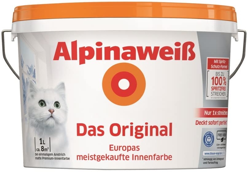 Alpinaweiß Das Original – optimal deckende und ergiebige weiße Wandfarbe – mit Spritz-Schutz-Formel – 1 Liter