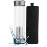 FORYOU24 Teekanne mit Sieb, Teeflasche to go Glas, doppelwandig, isoliert, Trinkflasche mit Filter, Glasflasche mit Infuser, Teezubereiter, Thermosflasche Glas, Teebecher