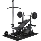 GORILLA SPORTS® Kraftstation - Hantelbank mit verstellbare Hantelablage, Latzugturm, Butterfly, Curlpult, Beincurler und 100 kg Hantelset - Trainingsbank, Fitnessstation, Trainingsstation