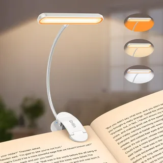 Gritin Leselampe Buch Klemme mit 19 LEDs, Buchlampe mit 3 Farbtemperatur Modi & 5 Helligkeit Dimmbar, USB Wiederaufladbare Klemmlampe, 360° Flexibel Leselicht für Nachtlesen ins Bett (Weiß)