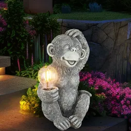 GLOBO Solarleuchte Affe Gartendeko Tierfigur Solarlampe Außenleuchte grau Affe, LED warmweiß, LxBxH 20x15,5x27,5 cm