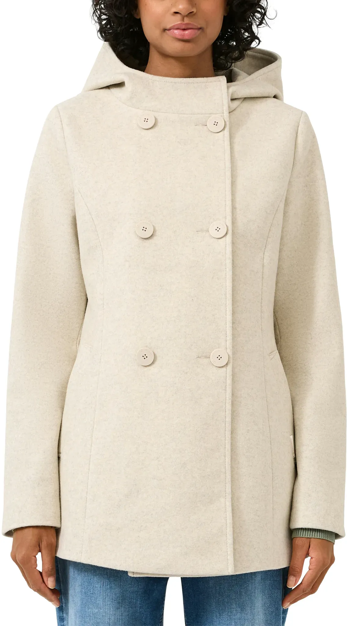 Kapuzenfleecejacke QS, Damen, Gr. M (38), sanftes weiß, Fleece, Obermaterial: 100% Polyester. Futter: 100% Polyester, unifarben, tailliert ca. Mitte Oberschenkel, Rundhals, Jacken, mit doppelter Knopfleiste