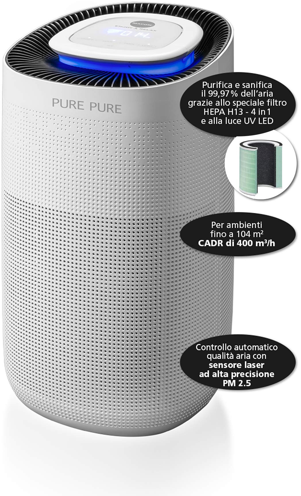 Macom Enjoy & Relax 879 Pure Pure Pure Luftreiniger mit eigener App Funktion Wi-Fi Air Purifier, 1 Stück