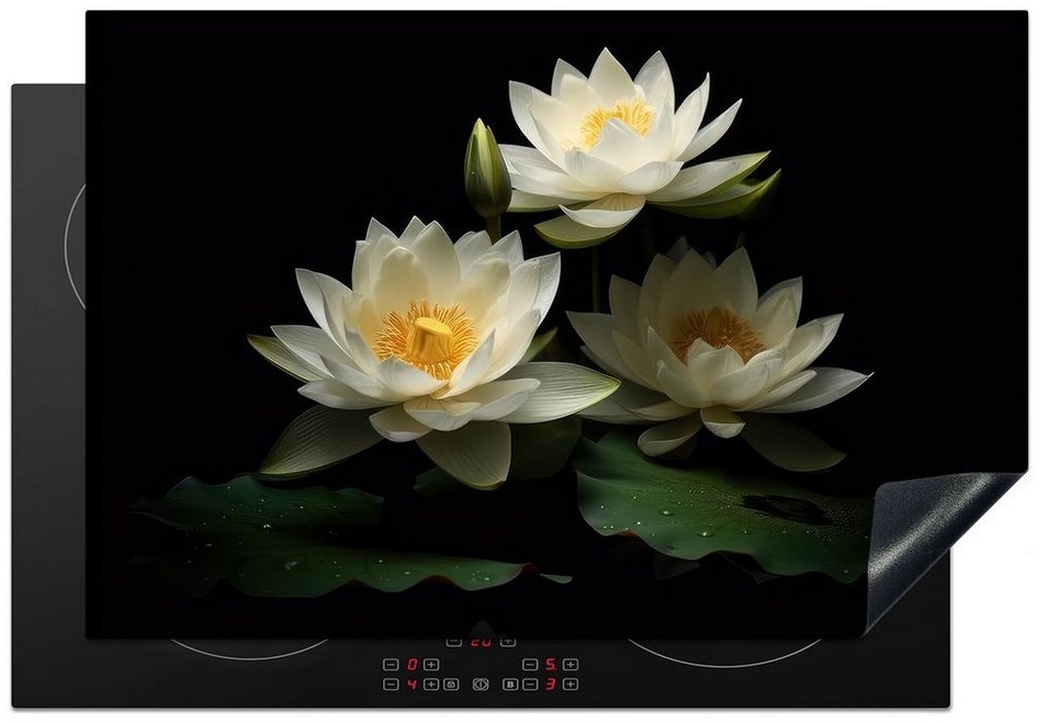 MuchoWow Herdblende-/Abdeckplatte Lotus - Blumen - Weiß - Natur - Schwarz, Vinyl, (1 tlg), 77x51 cm, Ceranfeldabdeckung, Arbeitsplatte für küche bunt 77 cm x 51 cm x 0.3 cm