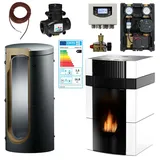 Woody Wassergeführter Pelletofen Komplettset 18 kW Keramik Weiß Pellet Kaminofen