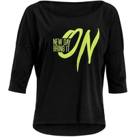 WINSHAPE Damen Ultra leichtes Modal-3/4-Arm Shirt MCS001 mit neon gelbem „New Day Bring it on” Glitzer-Aufdruck, Dance Style, Schwarz-neon-Geld-Glitzer, S