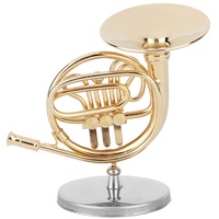 Cyrank Miniatur-Waldhorn, goldenes Waldhorn-Musikinstrument-Ornament mit Ständer für musikalisches Geschenk
