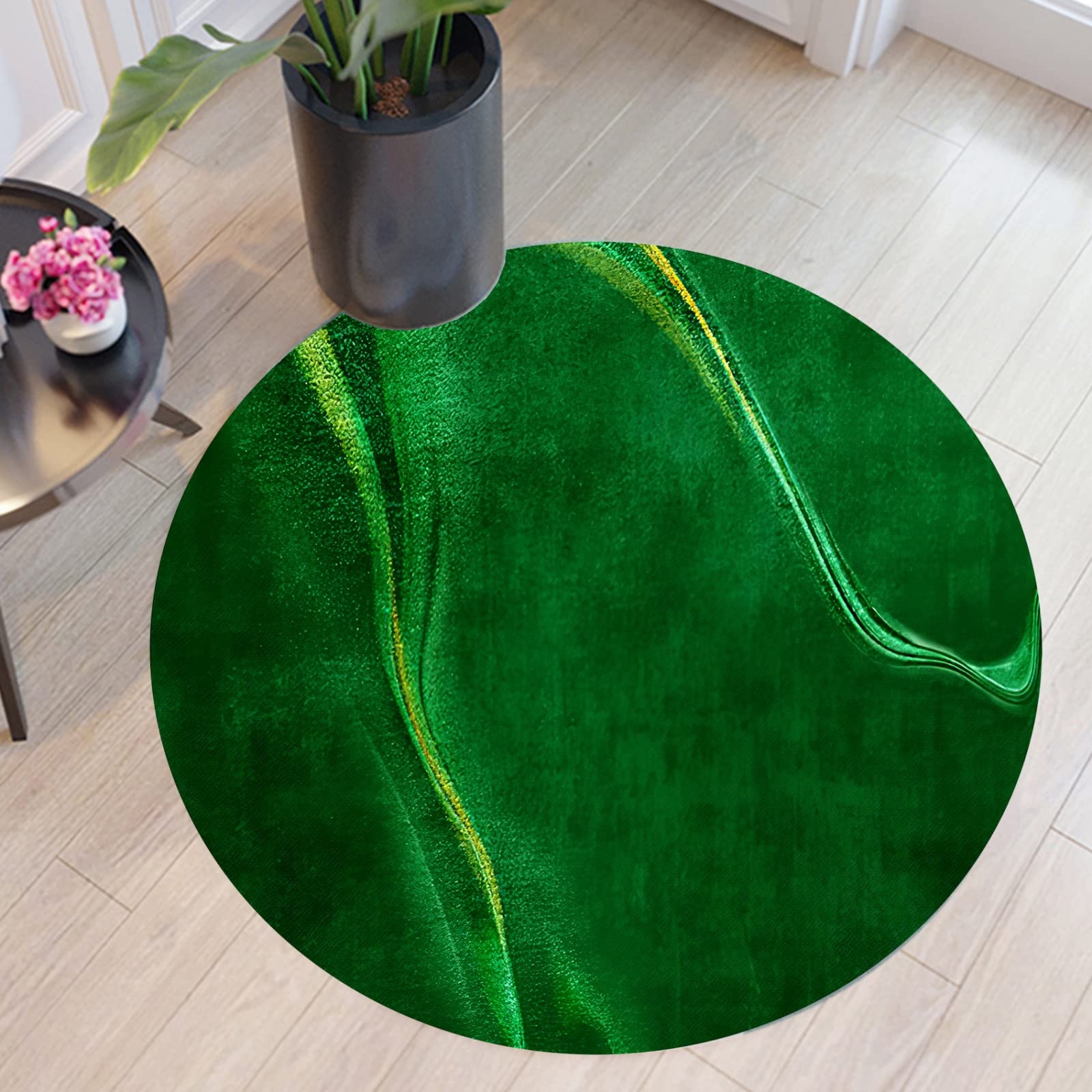 Teppich Rund,Art Deco, Grün, Soft Green, Round Diameter 150 cm, Kurzflor Teppiche für Wohnzimmer, Schlafzimmer, Esszimmer, Flur, Arbeitszimmer und andere Bereiche