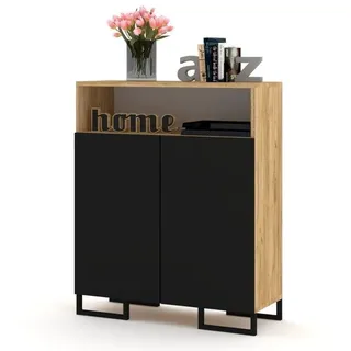 Euro Style Große Kommode mit 2 Türen + Industrial Beine + Griff Schrank Sideboard Tv Schrank für Wohnzimmer/Schlafzimmer, 90x33,8x96 cm, Golden Eiche/Schwarz Matt