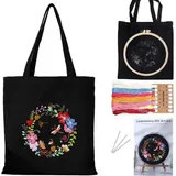 tyxhxtf Sticken für Anfänger Stofftasche Set, DIY Bastelset Erwachsene, Sticken Set Erwachsene, Enthalten Anleitung, Stickrahmen und Stofftasche mit Blumenmuster für Anfänger(Schwarz)