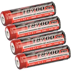 4x Kraftmax 18650 18700 Pro Akku mit PCB Schutzschaltung - speziell für LED Taschenlampen 3,7V 9,62 Wh
