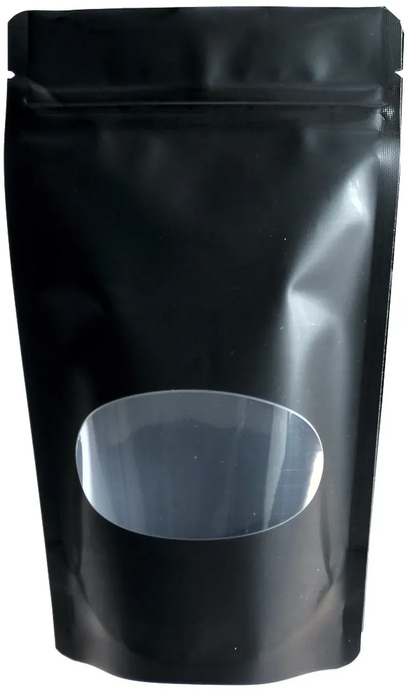Standbodenbeutel PET schwarz glänzend mit Fenster 130x225x70mm, 500ml, 500 Stk.