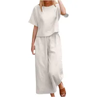 hosenanzug damen festlich elegant 2 Teiler Hosenanzug Damen Musselin Bluse Weites Bein Leinenhose Vintage Einfarbig Zweiteiler Kurzarm Rundhals Tshirt Baumwolle Leinen Hose Sommer Leichte Lounge Set - XL