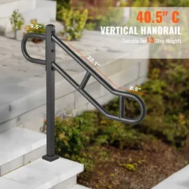 Vevor Handlauf mit einem Pfosten für 1–3 Stufen im Außenbereich, 40,5\" L x 35,4\" H gebogener Treppenhandlauf aus Metall, bodenmontiertes Treppenge