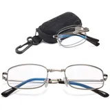 VEVESMUNDO Faltbare Lesebrille Blaulichtfilter Klappbar Metall Rechteckig Kompakt Anti Blaulicht Sehhilfe Lesehilfe Brille mit Etui für Herren Damen(1er Silber Lesebrille mit Hülle, 3.5+)