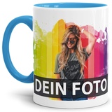 Tasse selbst individuell gestalten/Personalisierbar mit eigenem Foto bedrucken/Fototasse/Motivtasse/Werbetasse/Firmentasse mit Logo/Innen & Henkel Hellblau