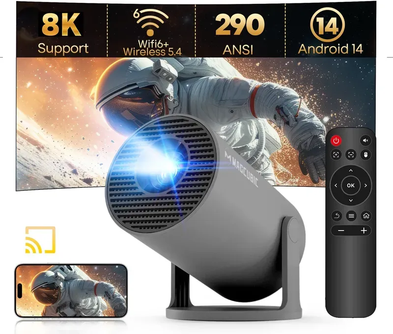 Magcubic Mini-Beamer 8K 1080P mit WiFi 6 & Bluetooth 5.4, 290 ANSI Lumen, Android 14, automatische Trapezkorrektur, 180°-Drehung, tragbarer Beamer für Heimkino & Outdoor-Filme, HY300Pro, Grau
