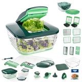 Genius Nicer Dicer Chef Deluxe XXL 37-teilig mit Glasschüssel-Set, Tomaten-Gemüse-Schneider & 3in1 Siebschüssel - Zerkleinerer Zwiebelschneider Pommesschneider, Grün