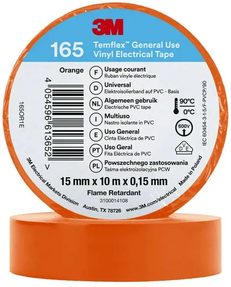 3M Temflex 165 Vinyl Elektro-Isolierband, 15mm breit, 10m lang, orange, 10 Stück