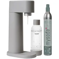 Mysoda: Woody Set - Wassersprudler aus erneuerbarem Holzkomposit mit 1L Quick-Lock BPA-freier Plastikflasche und CO2-Zylinder - Grau