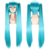Lange Blaue Gerade Perücke mit 2 Pferdeschwänze Anime Party Vocaloid Hatsune Miku Cosplay Wig Clip auf 100cm/39in Synthetische Fibre