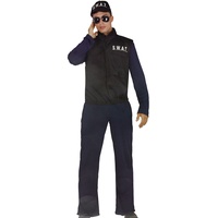 Black Cat Polizei Kostüm Herren Karneval SWAT Uniform 3 teilig bestehend aus Weste Overall Mütze in Einheitsgröße (One Size, Gr. S-M) Fasching Verkleidung