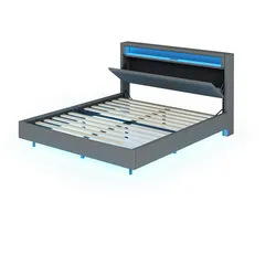 Merax Polsterbett 140x200 cm mit USB-Steckdose & LED-Licht, verdecktes Fußteil, Doppelflachbett, Erwachsenenbett, Leinenstoff, grau