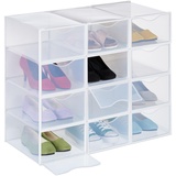 Relaxdays Schuhboxen 12er Pack, Schuhorganizer, stapelbar, für Schuhe bis Größe 45, mit Lüftungsschlitzen, transparent
