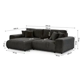 s-style möbel Mollis - Ecksofa mit Schlaffunktion und Bettkasten aus Dunkelgrau Plüschcord mit schöner Sitzkomfort - 2 Jahre Gewährleistung - mind. 14 Tage Rückgaberecht - Grau