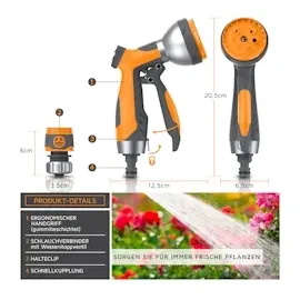 Brandson Garten Handbrause 7 Sprühprofile - Gartenbrause für Gartenschlauch - Spritzpistole Pistolengriff mit Halteclip