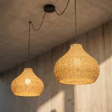 Lucande Außenhängelampe Taniola, 2-flg., beige, Rattan, IP44 Taniola Lucande, dimmbar, Holz hell, Holz, Landhaus / Rustikal - 100 cm - 30 cm - 24 cm