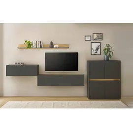 furn.design Wohnwand, Grau, Eiche Wotan, Holzwerkstoff, Nachbildung,Eiche, Uni, Holz Optik, 4 Fächer, 370x170x40 cm, Wohnzimmer, Wohnwände, Wohnwand-Sets