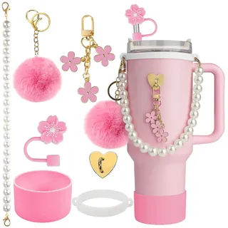 7 Stück Stanley Cup Zubehör Rosa, enthält Wasserflasche Griffgurt, Silikonbecher Stiefel, Strohhalmdeckel, Anhänger und Silikon-Bodenmanschette für 800-1100ml Stanley Cup(Becher nicht enthalten)