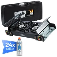 ZMC Gaskocher PREMIUM Butan Gaskocher Campingkocher 2-flammig + Gaskartuschen 227g, (Doppel Kartuschenkocher mit Zündsicherung, mit Piezozündung, Wärmeleistung: 2,0KW), für Outdoor und Innenraum, Gasherd Kochfeld Gas Kocher Herd PREMIUM Gaskocher + 24x Gaskartuschen