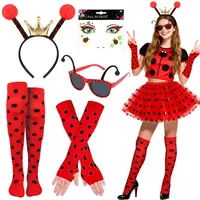 Ladybug Kostüm, Faschingskostüme Damen, 5 Teiliges Marienkäfer Kostüm inklusive Stirnband, Brille, Handschuhen, Gesichtsaufklebern und Socken, Marienkäfer Kostüm Damen für Halloween Karneval Party