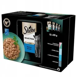 SHEBA Selection 48x85 g: Nassvollnahrung für adulte Katzen mit Lachs und schwarzem Kabeljau, Weißfisch, Meeresfisch, Kabeljau in Sauce