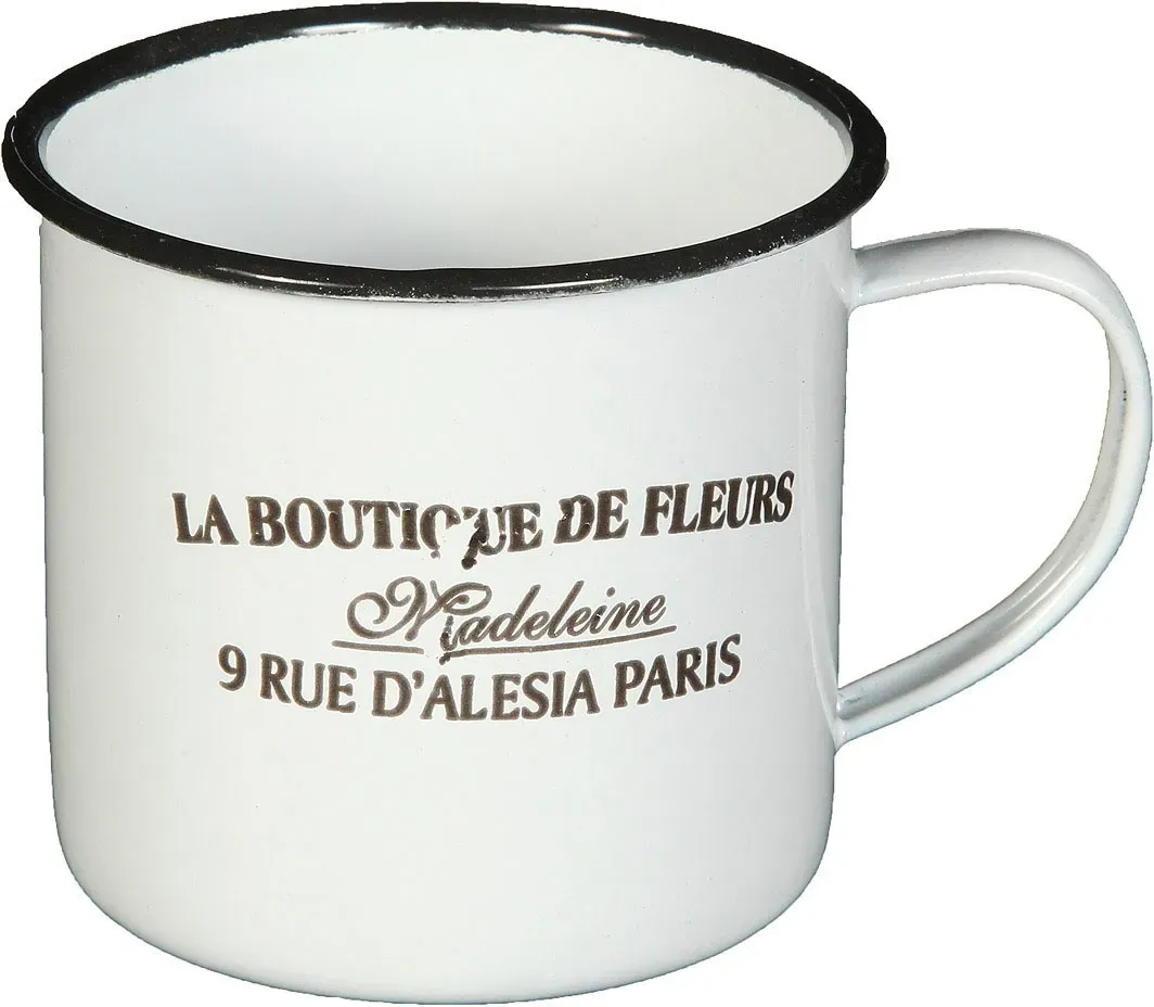 Tasse AMBIENTE HAUS "Becher DE FLEUR aus Emaille in Antikweiß", weiß, B:12cm H:8cm, Emaille, Trinkgefäße, Becher