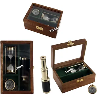 Handgefertigtes nautisches 3-teiliges Set Teleskop-Sanduhr oder Sanduhr und Kompass mit Holzbox, rustikale Vintage-Heimdekoration, Geschenke