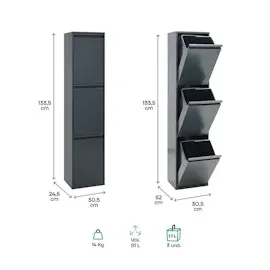 ARREGUI Basic CR304-B Mülltrennsystem aus Stahl | 3 Fächer Mülleimer für die Küche | 3 Fach Abfalleimer | 3x17L (51L) | Herausnehmbare Inneneimer + Griff | Recycling Schrank | Mülltrennung | anthrazit