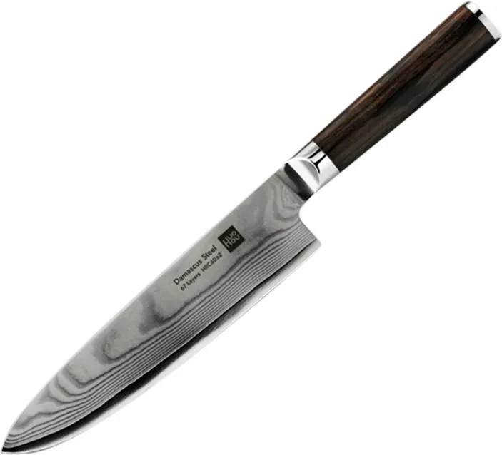 HuoHou Damaszener Kochmesser, 67-lagiges Damaszener Klingenstahl-Küchenmesser mit 90Cr14MoV-Kern, 16° handgeschliffener Klingenwinkel, Griff aus Ebenholz, rasiermesserscharfes Profi-Küchenmesser