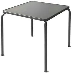 Quadratische Stahltische 70x70 cm in Grau Farbe. Stapelbare Möbel für Innen- und Außenterrassen von Bars, Restaurants und Catering-Unternehmen.