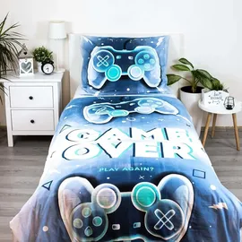AC-Deco Game Over Baumwolle Blau 140 x 200 cm + 70 x 90 cm